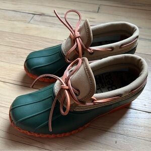 L.L.Bean Rubber Moc Canvas Waterproof Duck Shoes Tan/Forest/Sail Orange W7 NWT